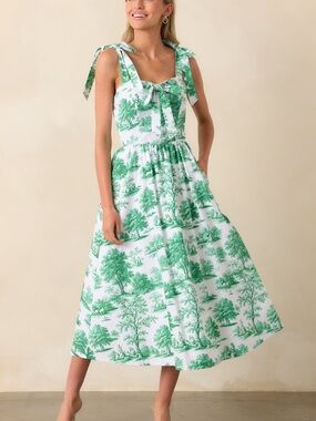 Prosperina Green Toile Print Tie-Shoulder Midi Dress